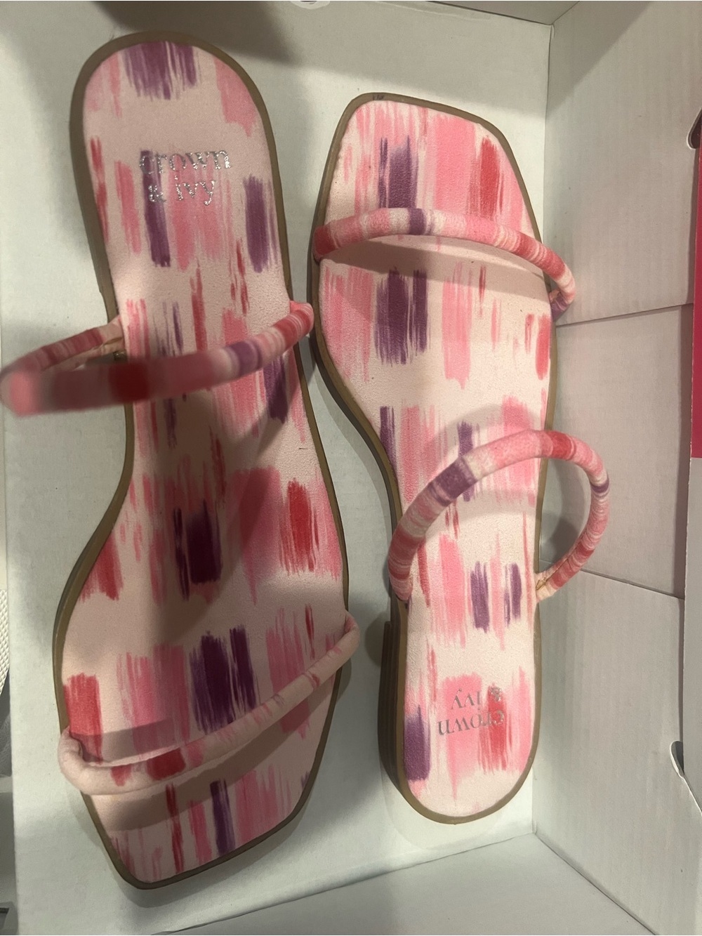 crown & ivy Pink and Purple Brushstroke Double-Strap Slide Sandals